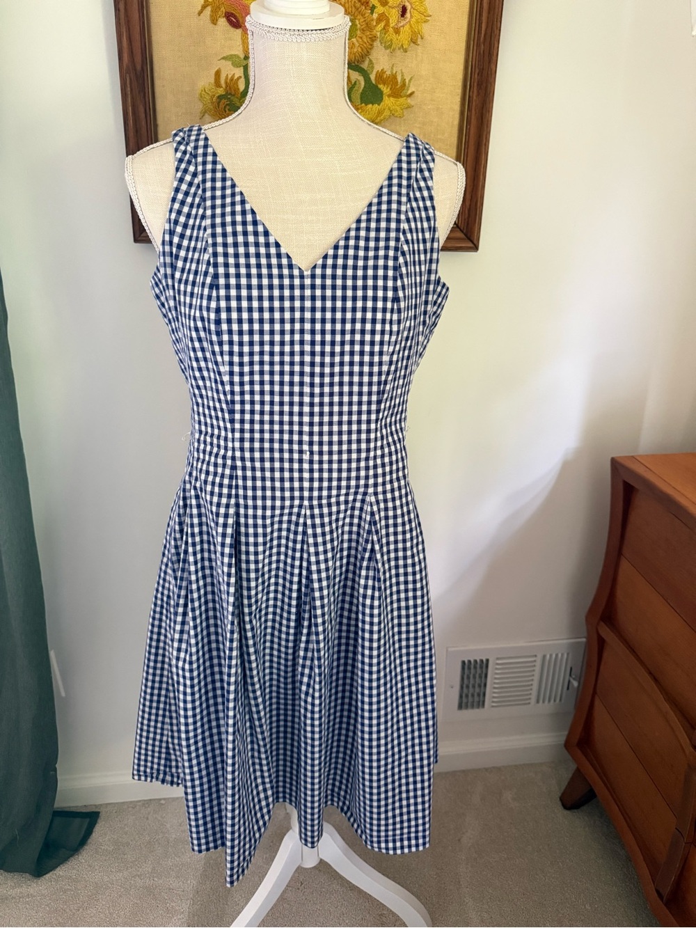 Nine West Blue Gingham V-Neck Sleeveless Dress